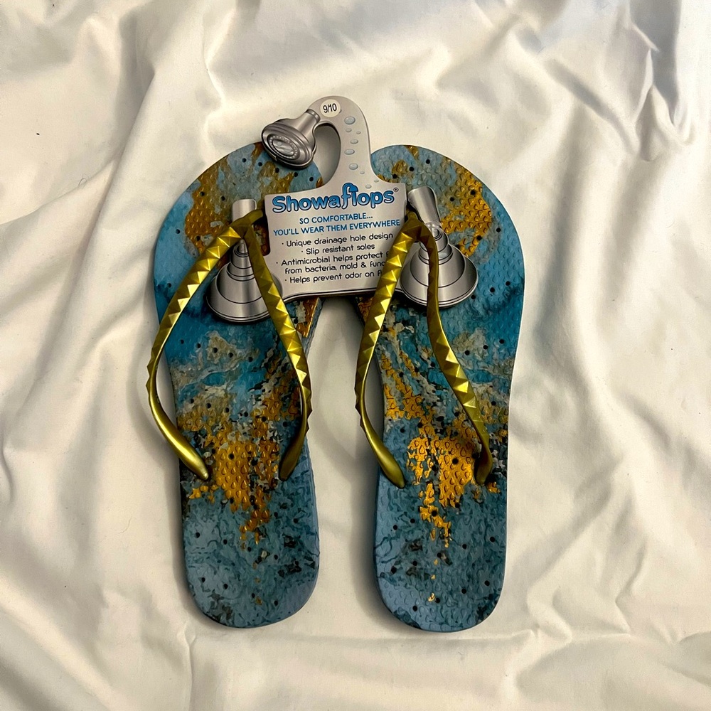 Showaflops Blue and Gold Flip Flops Sz 9/10 EUC